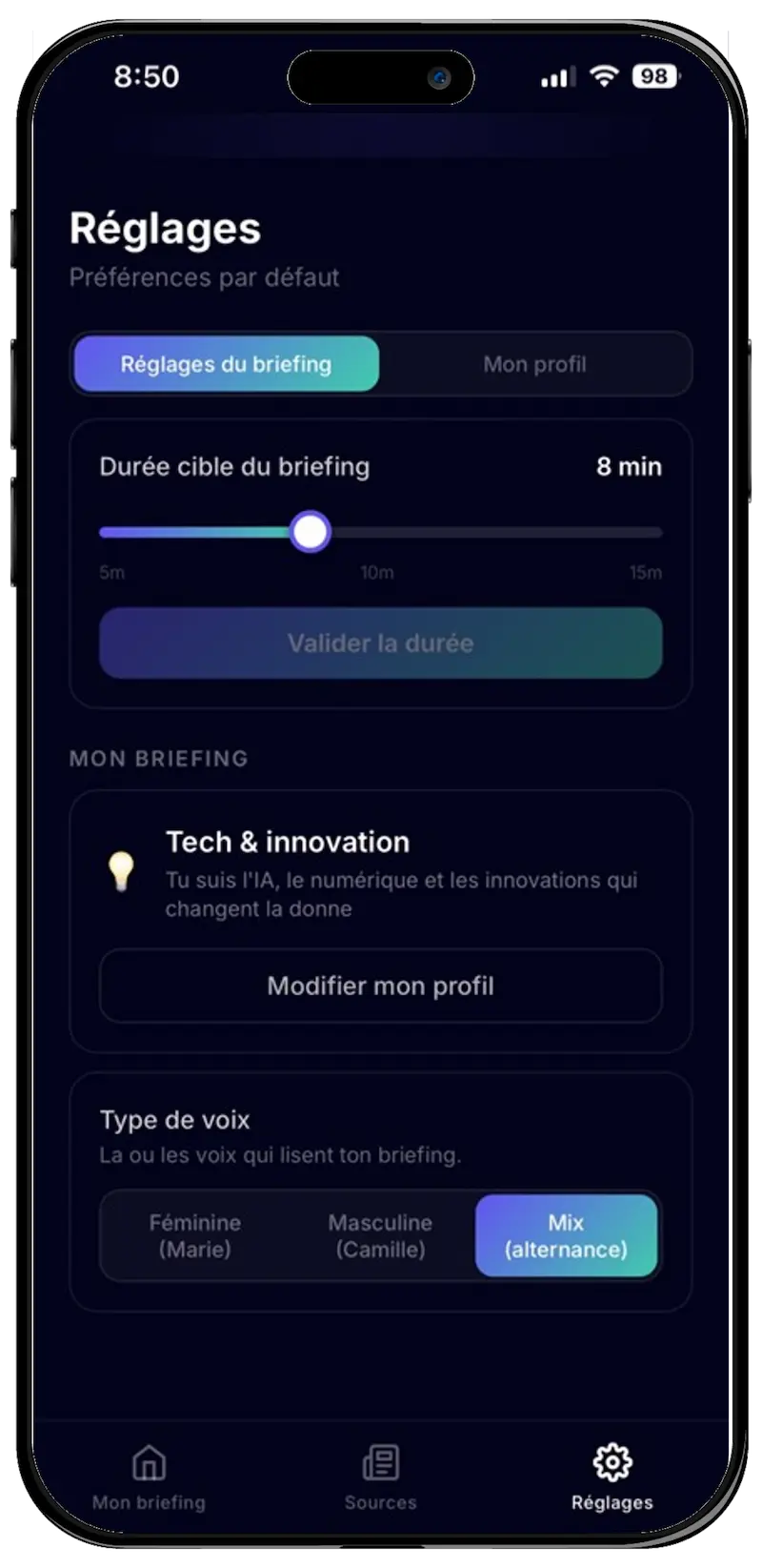 Réglage de la durée cible du briefing dans l'application Briefway