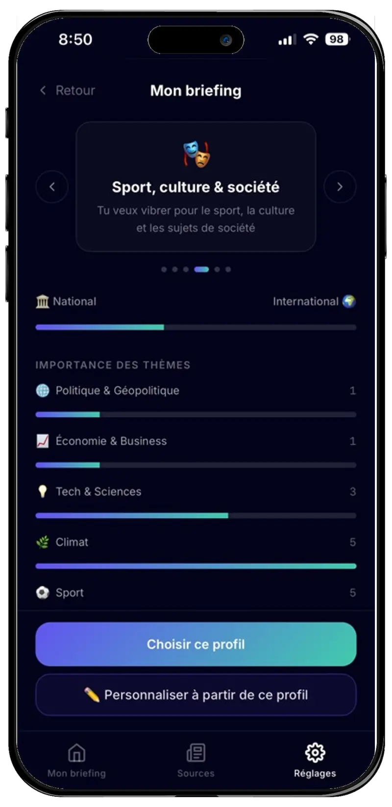 Choix d'un profil d'intérêts dans l'application Briefway