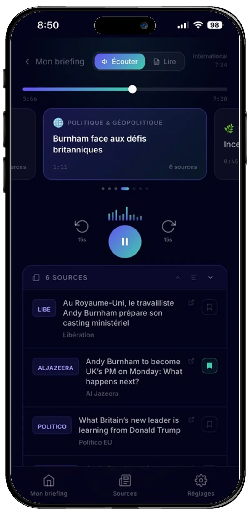 Lecteur audio de l'application Briefway