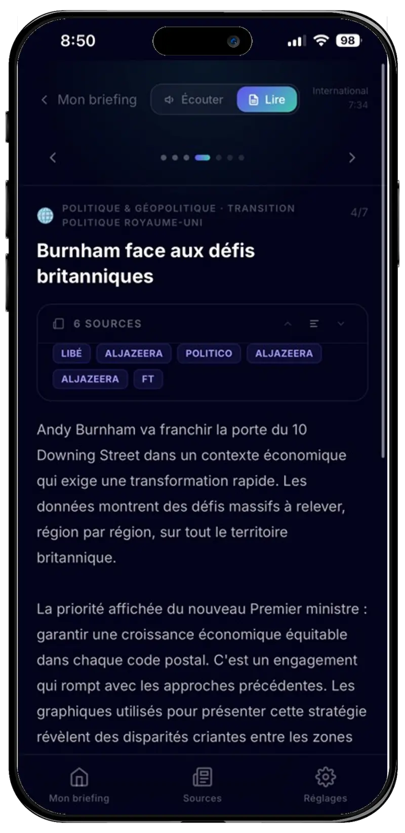 Lecture texte du briefing dans l'application Briefway