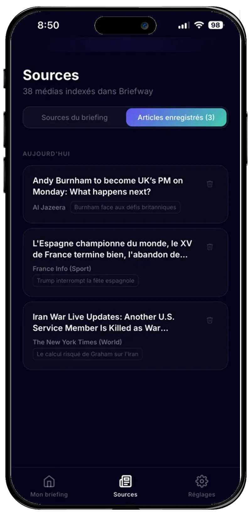 Articles enregistrés dans l'application Briefway